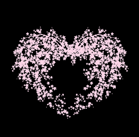 blooming sakura heart made of cherry tree blossom - fully editable vector silhouetteのイラスト素材