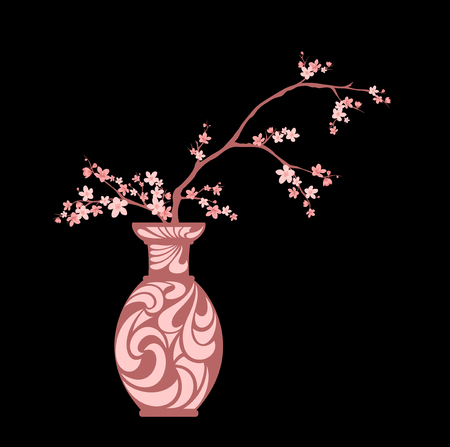 blooming sakura branches in traditional japanese vase - spring season cherry tree blossom vector designのイラスト素材