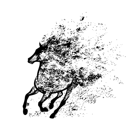 wild mustang horse running in splash of ink paint - black and white vector grunge style silhouetteのイラスト素材