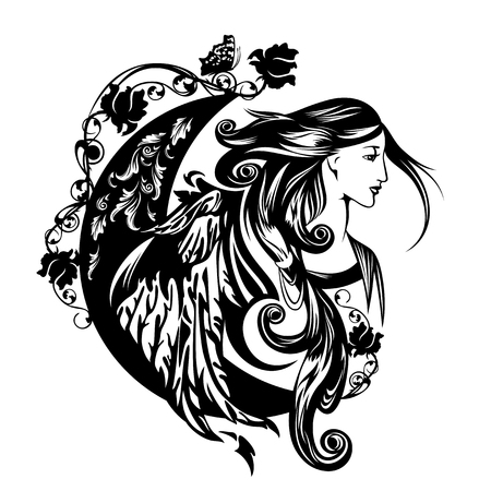 beautiful winged woman with crescent moon among rose flowers - floral fairy black and white vector portraitのイラスト素材