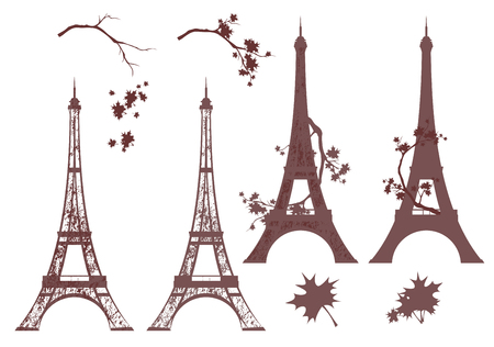 Eiffel tower grunge silhouette and autumn maple branchesのイラスト素材
