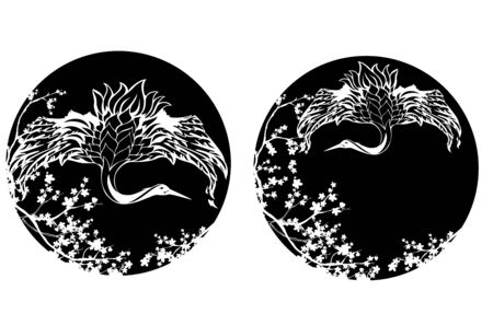 Japanese crane with spread wings among sakura blossom branchesのイラスト素材