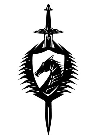 Dragon head inside heraldic shield pierced with sword bladeのイラスト素材