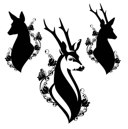 Elegant roe deer head among wild rose flowers and butterfliesのイラスト素材