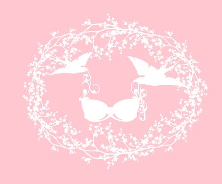 swallow birds holding bra lingerie among blooming sakura branches - spring season underwear shopping designのイラスト素材