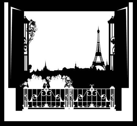 Open balcony window with rose flowers pots and view over Parisのイラスト素材