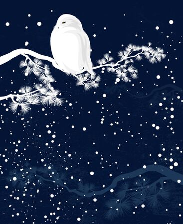 Beautiful white snowy owl sitting on pine tree branch during winter holidays season in the forestのイラスト素材