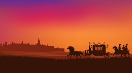 Antique carriage with knights retinue riding horses and ancient city silhouetteのイラスト素材