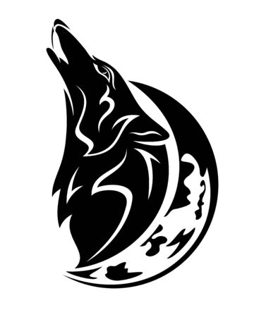Howling wolf head and crescent moon black and white vector outlineのイラスト素材