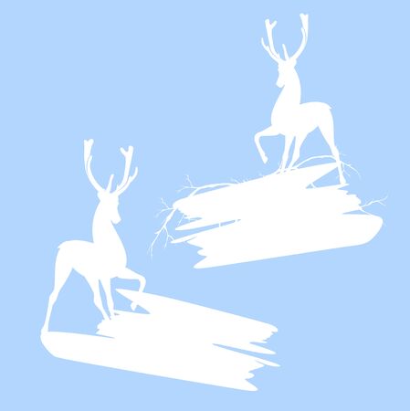 wild deer and tree branches around blank banner - winter season holidays greeting card vector silhouette decor setのイラスト素材