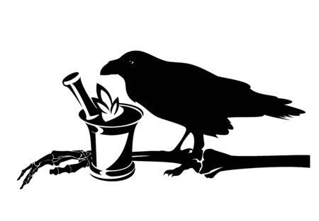 Raven bird, human skeleton hand and mortar with herbsのイラスト素材