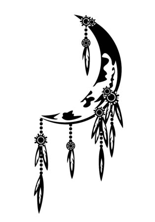 Crescent moon with bird feathers - night time dream catcher for sweet dreams black and whiteのイラスト素材