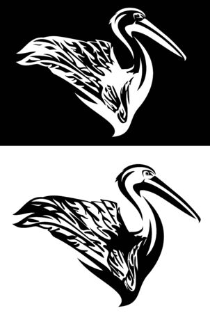 pelican bird with raised wing side view portrait - profile animal black and white outline setのイラスト素材