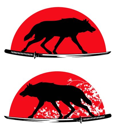 wild wolf running on samurai katana sword against red sun and sakura blossom - bushido vector design setのイラスト素材