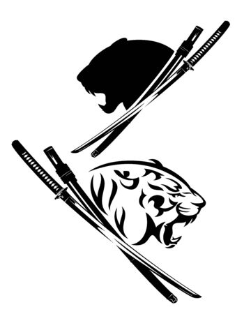 Furious tiger profile head and samurai katana sword black and white vector design setのイラスト素材