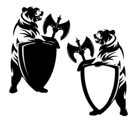 Rearing up bear holding heraldic shield and halberd axe on whiteのイラスト素材