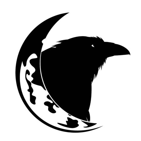 Raven bird profile head and crescent moon - spooky Halloween night black and white vector designのイラスト素材