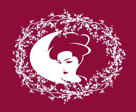 monochrome vector design of beautiful japanese geisha woman portrait in blooming sakura tree branches forming oval frameのイラスト素材
