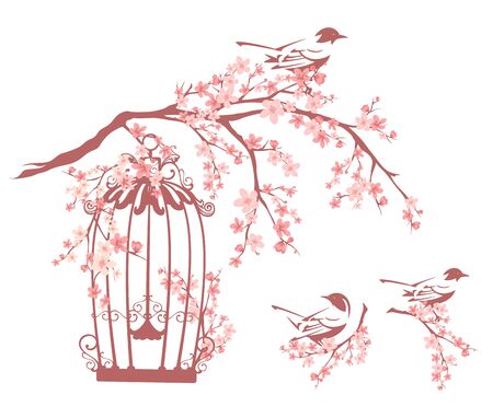 blooming spring sakura tree branch with open cage and bird vector design setのイラスト素材