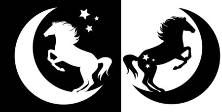 horse standing on a crescent moon - night time fairy tale animal on  a starry sky black and white vector silhouette design setのイラスト素材