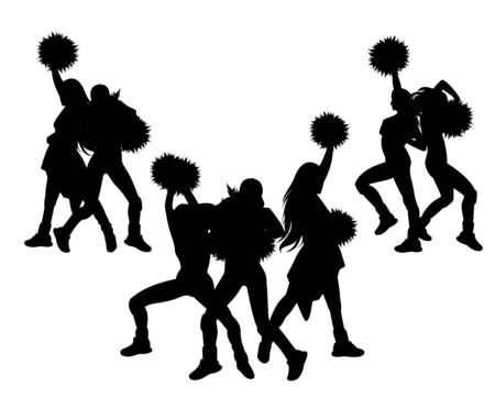 cheerleader girls performing with pom-poms - black and white vector silhouette set of fan groupsのイラスト素材