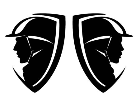 horse rider head in heraldic shield - male and female jockey representing equestrian sport black and white vector design setのイラスト素材