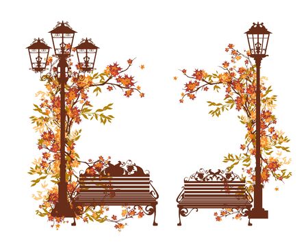 fall season in the park vector design set with empty bench and streetlight among lush autumn foliageのイラスト素材