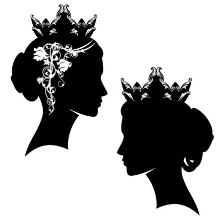 elegant queen and princess wearing royal crown decorated with rose flowers - beautiful woman profile head silhouette setのイラスト素材