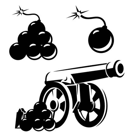 Antique cannon and artillery bomb balls black and whiteのイラスト素材