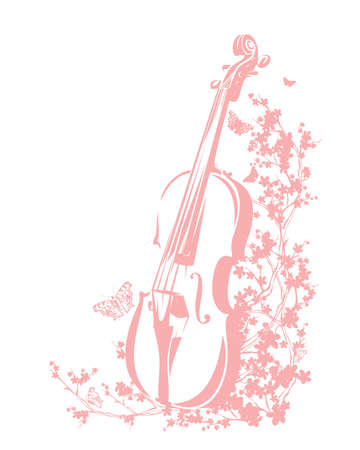 violin among blooming cherry tree branches and flying butterflies - spring season musical instrument floral vector outlineのイラスト素材