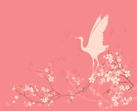 japanese crane bird standing among blooming sakura tree branches - asian style spring season copy space vector backgroundのイラスト素材