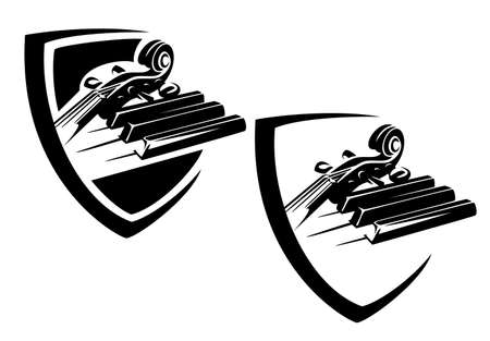 piano keys and cello neck in heraldic shield - classical music black and white vector emblem designのイラスト素材