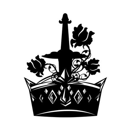 king crown with sword handle and three rose flowers - royal heraldic emblem black and white vector designのイラスト素材