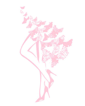 vector outline of slim female legs wearing high heeled stiletto shoes among flying butterfliesのイラスト素材