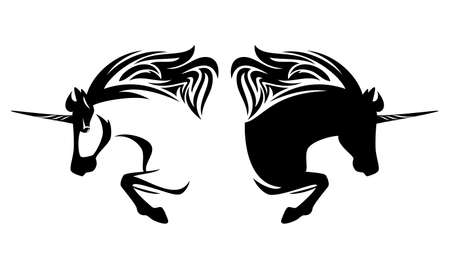 mythical unicorn horse side view outline - horned stallion simple black  and white vector portraitのイラスト素材