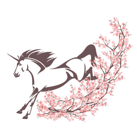 mythical unicorn horse and blooming sakura branches - spring season cherry tree and magical stallion vector decorのイラスト素材