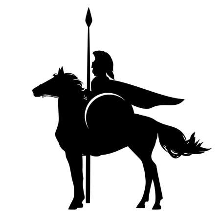 spartan warrior with spear riding horse - brave ancient hero black and white vector silhouetteのイラスト素材