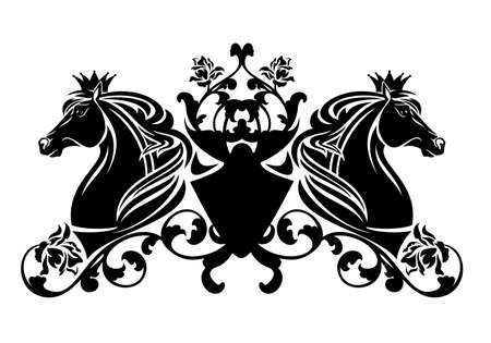 pair of horses wearing king crown and heraldic shield decorated with rose flowers - royal coat of arms black and white vector designのイラスト素材