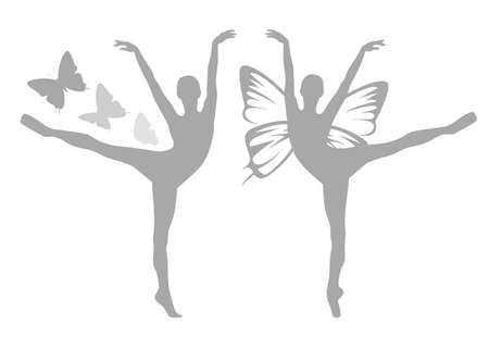 graceful ballerina girl with butterfly wings standing on pointe shoes - slim dancer figure vector silhouetteのイラスト素材