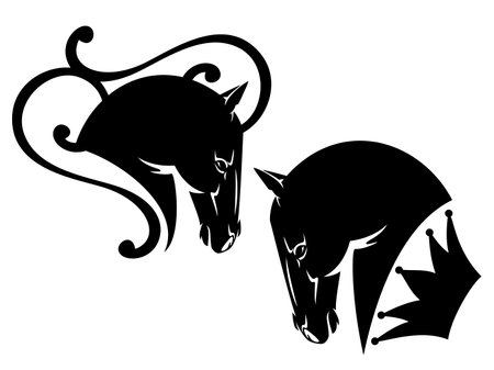 beautiful horse head and royal crown - heraldic animal black and white vector design setのイラスト素材