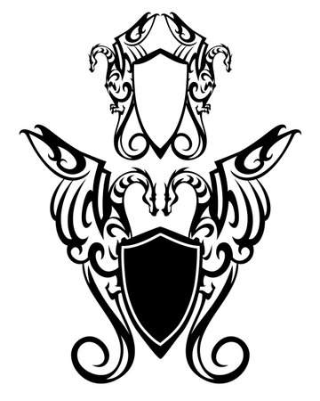 pair of fantasy dragons holding heraldic shield - black and white vector fairy tale coat of arms design setのイラスト素材