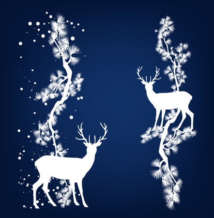 wild deer stag and pine tree branches with falling snow vector silhouette design - winter holidays wildlife decoration setのイラスト素材