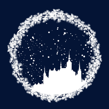 fairy tale royal castle with falling snow in circle pine tree branches frame - winter season vector silhouette designのイラスト素材
