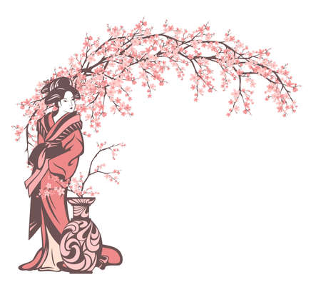 japanese geisha wearing traditional kimono clothes standing by vase with arch of blooming sakura branches - spring season vector copy space designのイラスト素材