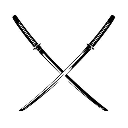 two japanese katana swords with crossed blades - traditional samurai warrior weapon black and white vector designのイラスト素材