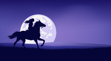 native american woman riding horse in praitie against full moon - legend wild west scene silhouette landscape vector designのイラスト素材