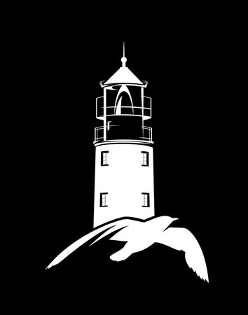 flying sea gull and lighthouse tower white vector silhouette over black background for sea voyage conceptのイラスト素材