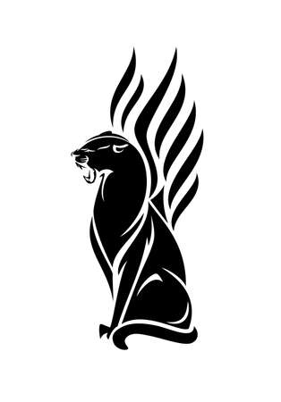 roaring black panther with wings vector portrait - elegant sitting mythical animal outline designのイラスト素材