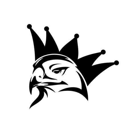 beautiful bird head and royal crown silhouette - king eagle, hawk or falcon black and white vector outline portraitのイラスト素材