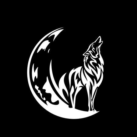 howling wolf spirit standing on crescent moon white vector outline against black night sky backgroundのイラスト素材